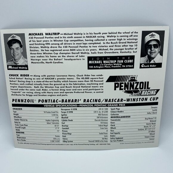 Michael Waltrip #30 1995 Pennzoil Car 8x10 NASCAR Photo of Pontiac Grand Prix - Picture 4 of 7